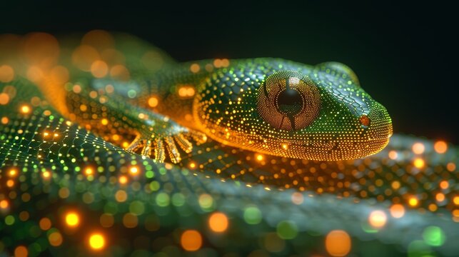   A detailed shot of a snake's head featuring numerous dots covering its body, and beady eyes