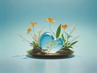Concept design, plate of green leafy flowers and a crystal glass heart, natural environment., cherish water. AI generation.