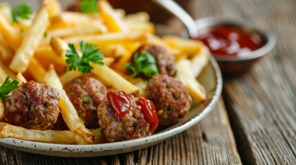 French fries and meatballs in plate on wooden table, close-up