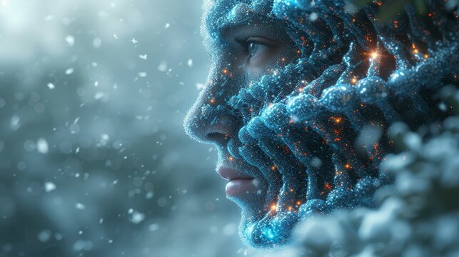   A tight shot of a face adorned with a snowflake pattern, superimposed are genuine snowflakes