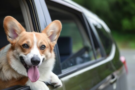 dog sticking head out car window, tongue out, eyes squinting