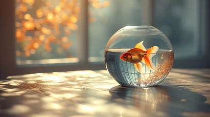 Fotobehang   A goldfish in a bowl sits on a table near a sunlit window, bathed in sunlight streaming through it © Wall