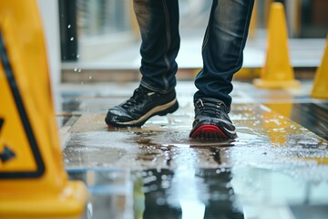 man slipping on wet floor with caution sign visible