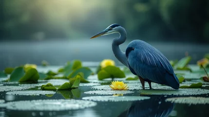 Foto op Canvas   A large bird perches atop a tranquil body of water, surrounded by lily pads dotting a covered lake teeming with water lilies © Wall