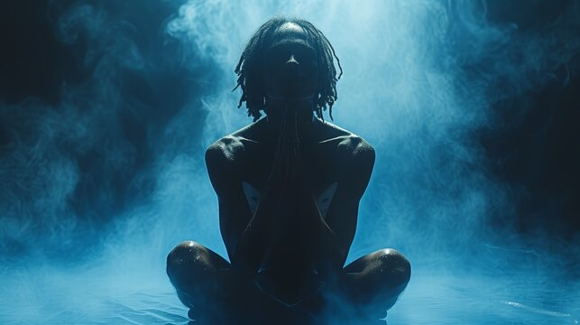   A woman sits in the water's center, her eyes shut, emitting smoke from her back