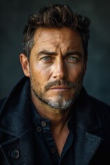 Obraz premium handsome male model in a black jacket, with a beard, 40 years old, looking and posing in front of the camera