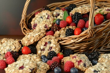 basket spilling assorted berries and homemade oatmeal cookies