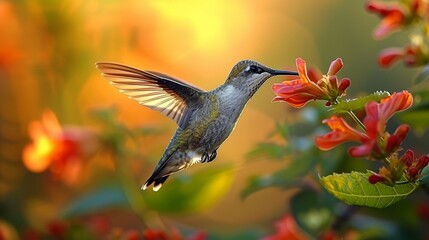 Fototapeta premium A hummingbird hovers above a flower against a blurred backdrop of red and yellow blooms