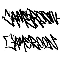 CAMEROON  letter the country name on the world digital illustration graffiti handstyle signature symbol tags painting with black and white color