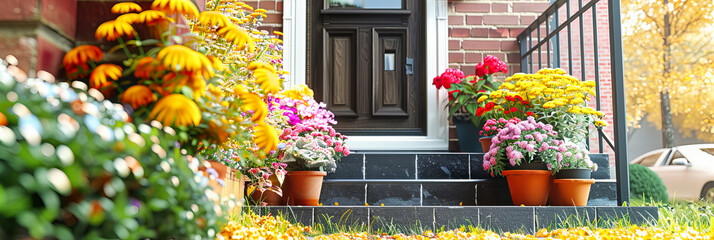 Homes Floral Welcome: A Charming Entrance Adorned with Flowers, Inviting into a Warm and Welcoming Space - obrazy, fototapety, plakaty