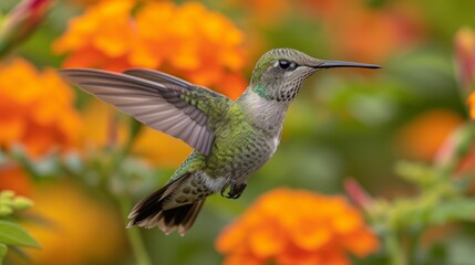 Obraz premium A hummingbird nestled close to an orange bloom, background populated with blurred orange blossoms