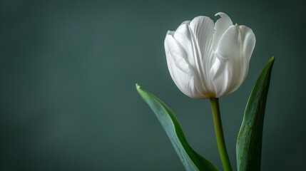 White tulips contrast elegantly with a bright green background. Their delicate flowers radiate purity and elegance. This creates a captivating visual display that exudes elegance and sophistication.