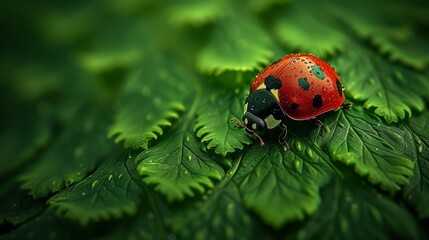 Fototapeta premium A ladybug perched on a verdant leaf, its back legs and head dotted with water droplets