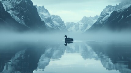   A duck floats on a body of water, surrounded by snow-covered mountain ranges in the distance The foggy sky completes the scene