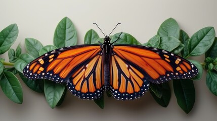   A large orange butterfly perches atop a green plant's leafy branch, adjacent to a white wall and more green leaves