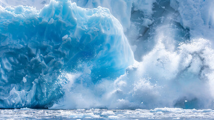 A massive glacier calving into the ocean symbolizing the rapid melting of polar ice caps. - obrazy, fototapety, plakaty