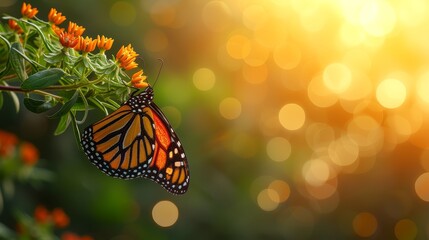   A tight shot of a butterfly perched on an orange-flowered plant against a softly blurred backdrop