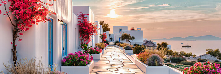 Iconic Greek Island Scene with Traditional White and Blue Architecture, Offering a Picturesque View of the Mediterranean Lifestyle - obrazy, fototapety, plakaty