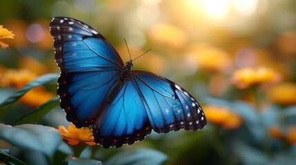   A blue butterfly atop an orange-yellow flower field, under the radiant sun