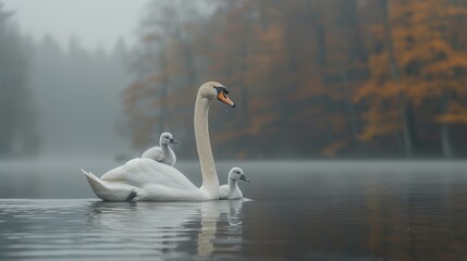   A pair of pristine swans glides atop a tranquil lake Nearby, a forest bursts with golden and orange-hued trees