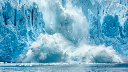 Foto op Canvas A massive glacier calving into the ocean symbolizing the rapid melting of polar ice caps. © Martin