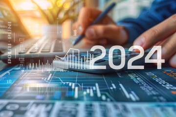 Positive indicators in 2024, Businessman calculates financial data for long-term investments.