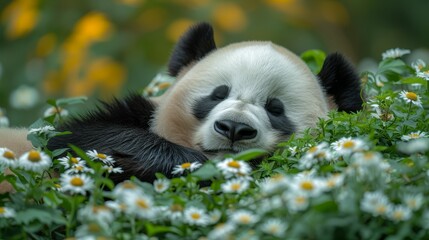   A panda bear reclines on a verdant field teeming with white and yellow blooms