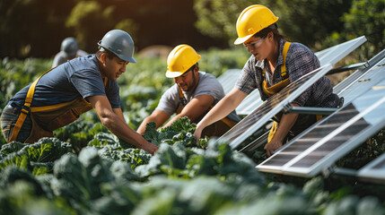 Fototapeta premium Sustainable Energy Meets Agriculture: Solar Panel Installation Amongst Crops