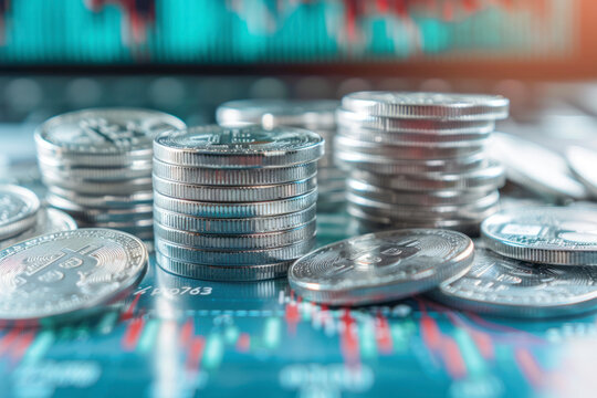 Stack of silver coins with trading chart in financial concepts, business stock growth concept.