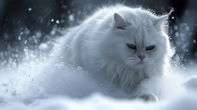   A white cat with blue eyes gazes at the camera, surrounded by snowflakes dusting its fur in the winter scene