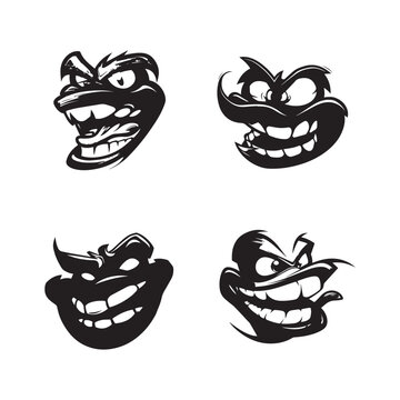 "Four black and white caricatures of villain-like characters with exaggerated evil grins, showcasing malice and mischief."
