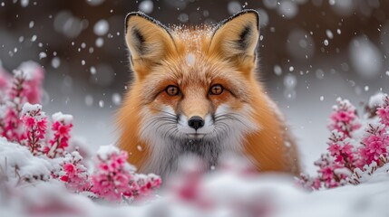 Fototapeta premium A tight shot of a fox amidst snow, foreground populated by pink blossoms, background softly out of focus