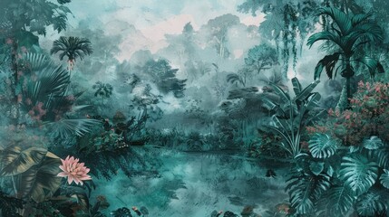 Fototapeta na wymiar Watercolor pattern wallpaper. Painting of a jungle landscape in retro style.