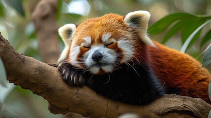 Fototapeta premium A red panda naps on a tree branch, eyes closed, head at rest
