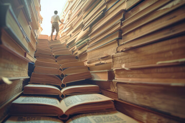 Fototapeta premium The man climbs the stairs to the open book. Concept.