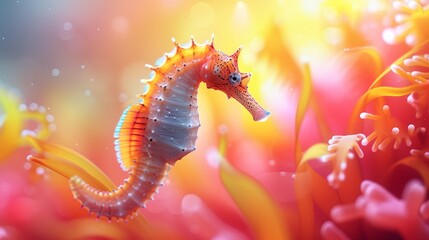   A tight shot of a seahorse amidst a flower bed, with sunlight filtering through the clouds behind - obrazy, fototapety, plakaty
