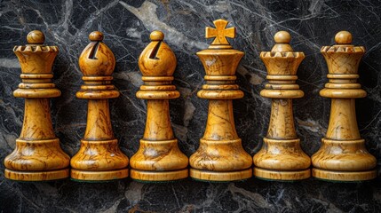   A collection of wooden chess pieces atop a marble countertop, framed by a black marble wall behind