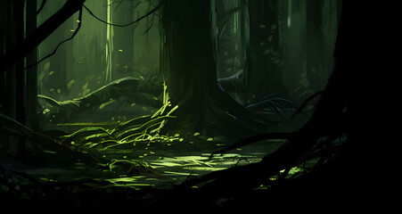 a dark forest with many large trees and moss on the ground