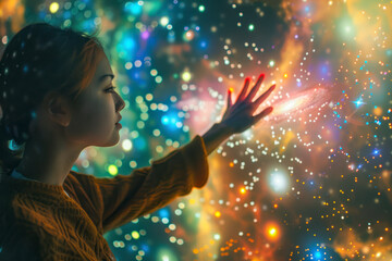 Woman hand touching the metaverse universe, concept.