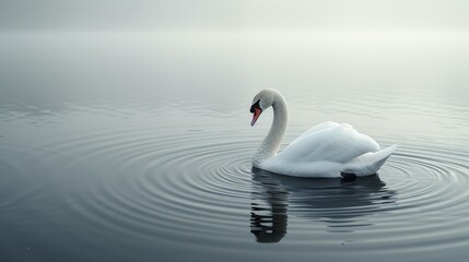   A white swan floats atop the lake, its water peppered with ripples The swan sports a reddish beak