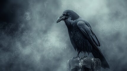 Obraz premium A black bird perched atop a rock in the heart of a foggy, darkened sky, amidst swirling mists