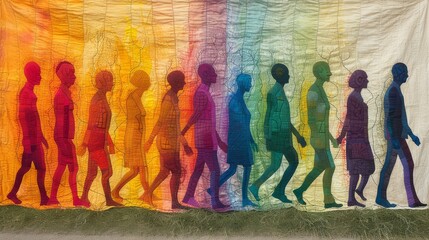 Obraz premium A group of people stands before a rainbow-hued wall, where a long line forms in front of it