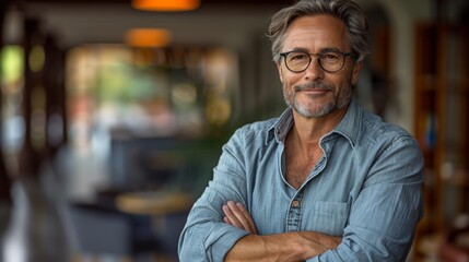 a businessman of about 40, with a slight smile, gray hair, glasses, and a shirt. Photo from the...