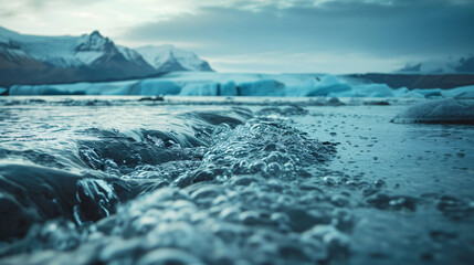 A melting glacier with streams of water running off into the ocean symbolizing rapid ice melt. - obrazy, fototapety, plakaty