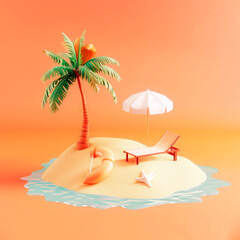Palm trees, beach umbrella and deck chair on sand isle over pastel orange background. Summer vacation concept. - obrazy, fototapety, plakaty