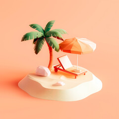 Palm trees, beach umbrella and deck chair on sand isle over pastel orange background. Summer vacation concept.