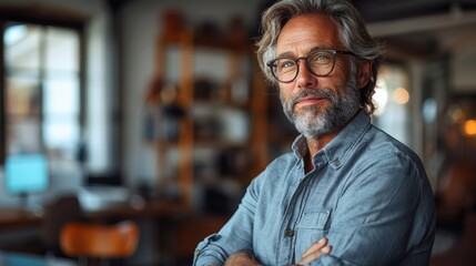 a businessman of about 40, with a slight smile, gray hair, glasses, and a shirt. Photo from the waist up with arms crossed against a neutral blurred office background. - obrazy, fototapety, plakaty
