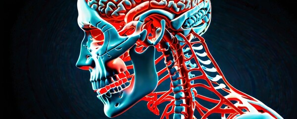A digital illustration showcasing the complex vascular system within a human head profile. The artwork details the intricacy of blood circulation in a striking red and blue contrast.