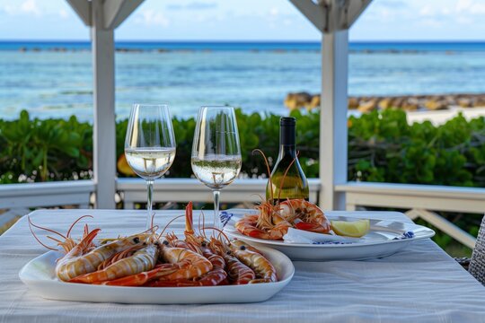 table set with a seafood platter and white wine in a seaside gazebo
