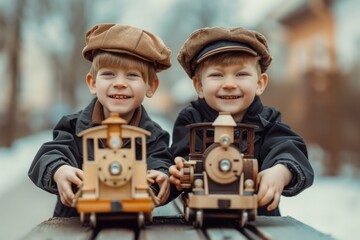 kids playing with a wooden train